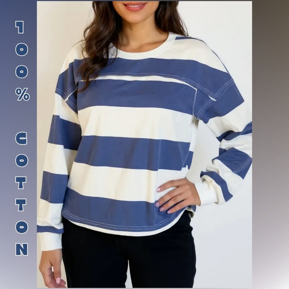 100% Cotton Oversized Dusty Blue Cotton Wash Long-Sleeve T-Shirt
